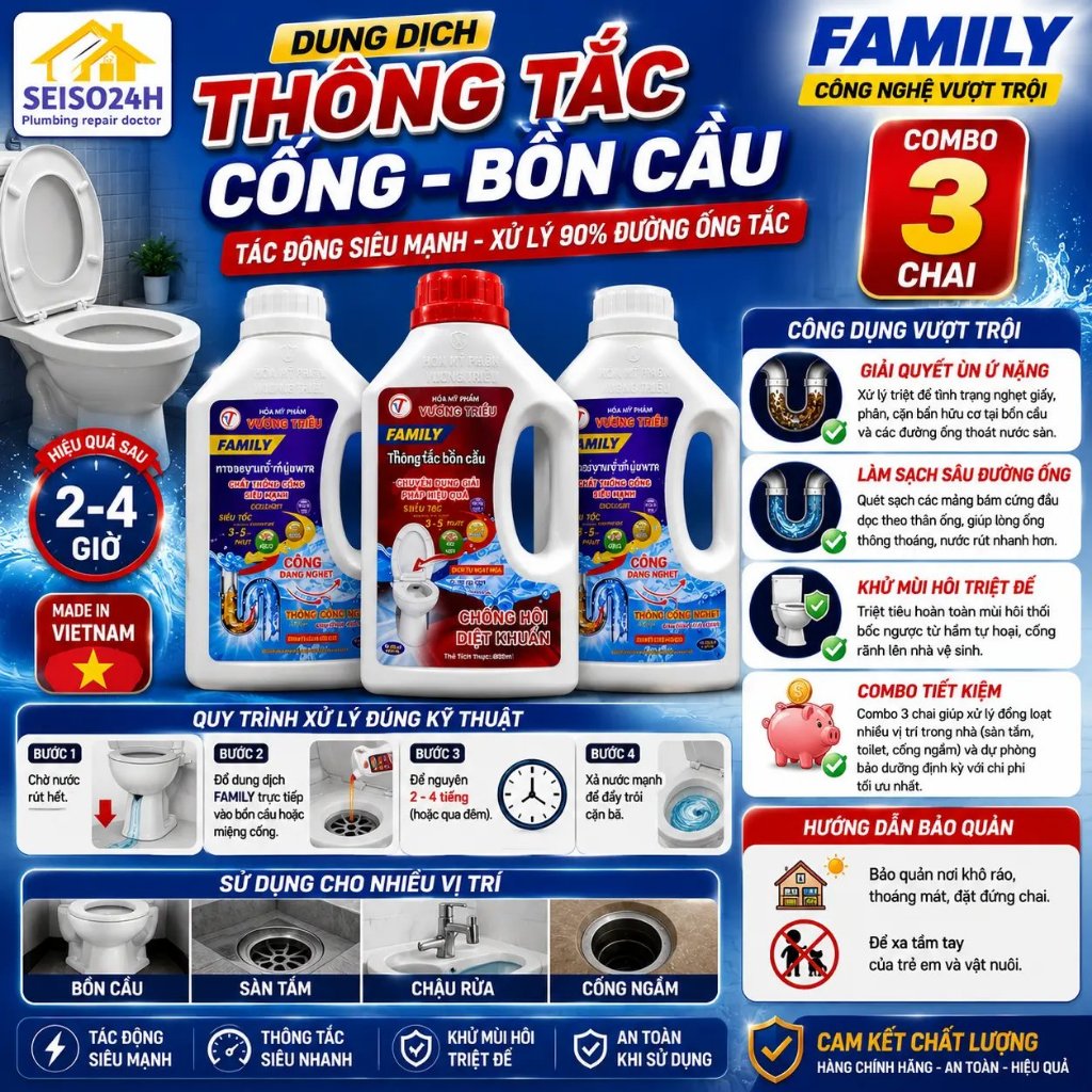 Cách dùng dung dịch thông tắc FAMILY 800 ml đúng kỹ thuật: Đừng vội xả lại khi nước đang dâng