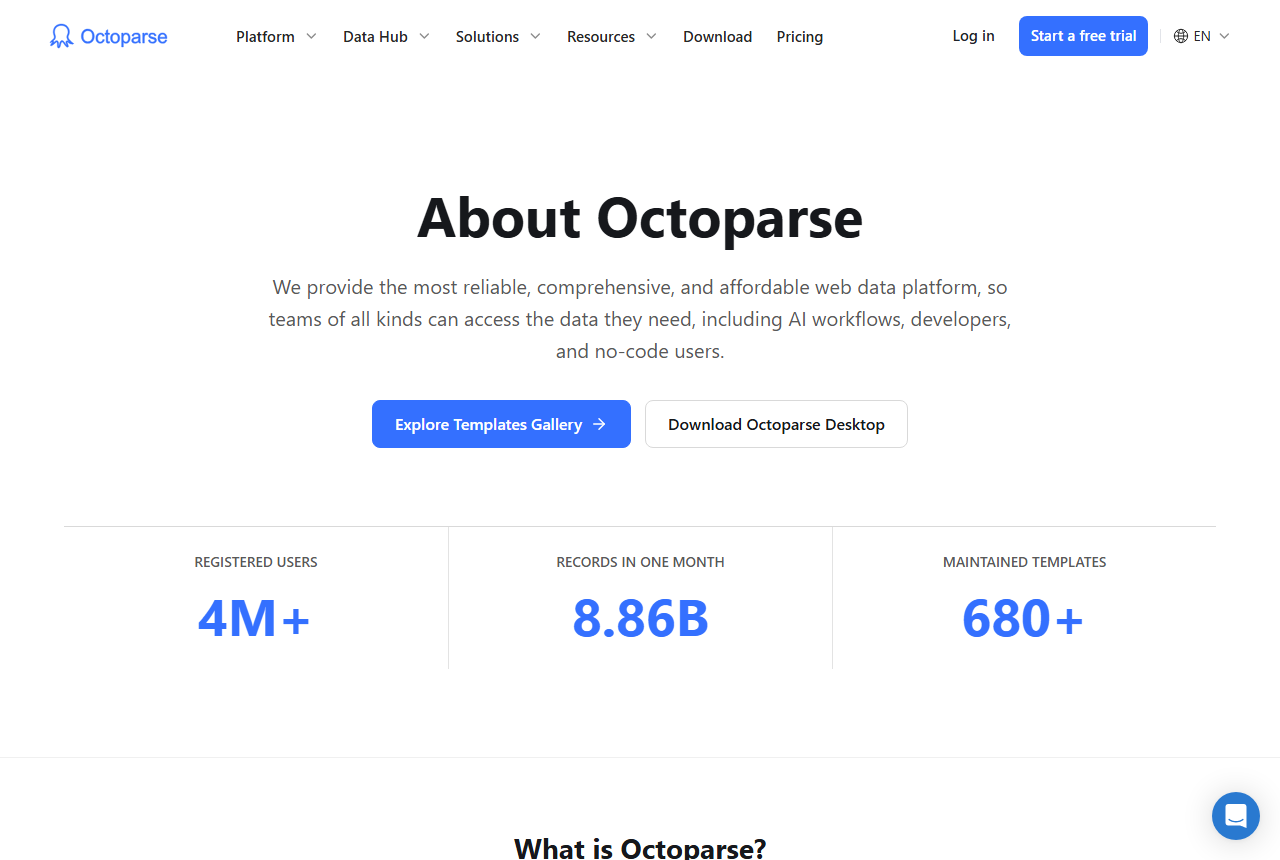Octoparse About page with the headline About Octoparse and three counters: 4M+ registered users, 8.86B records in one month and 680+ maintained templates