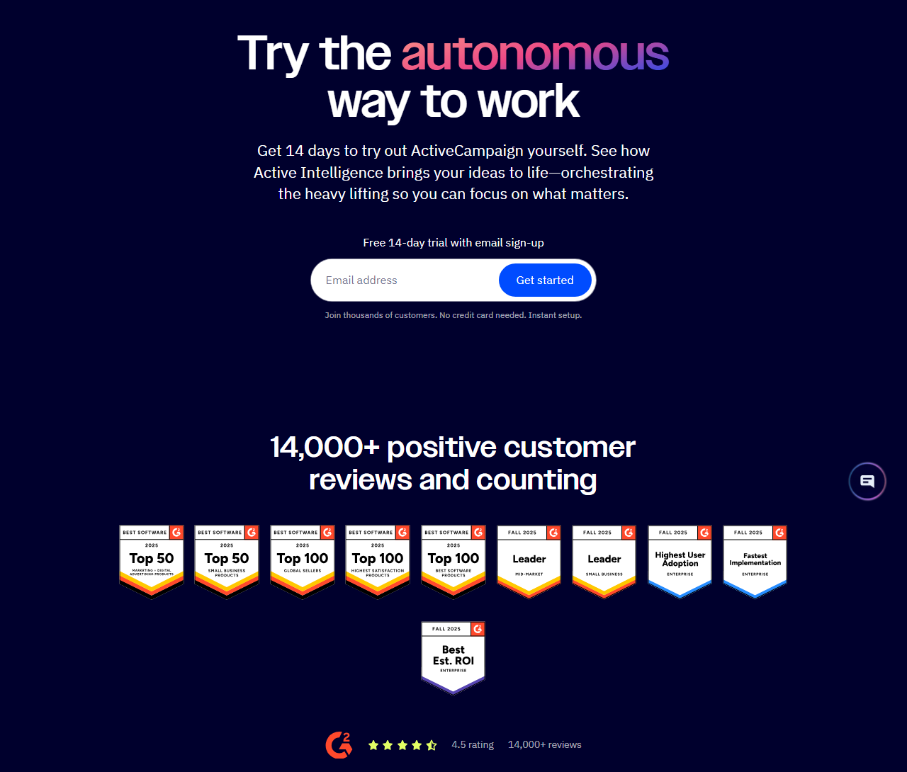 ActiveCampaign free trial page headline Try the autonomous way to work, offering 14 days to try ActiveCampaign with an email sign-up box and the note no credit card needed, above the line 14,000 plus positive customer reviews and counting, ten G2 badges and a G2 4.5 rating with 14,000 plus reviews