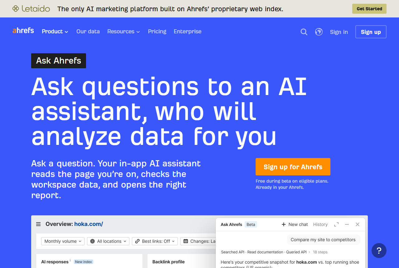 Ask Ahrefs page: headline Ask questions to an AI assistant, who will analyze data for you, a Sign up for Ahrefs button with the note Free during beta on eligible plans, and a chat panel labelled Beta over a hoka.com overview report, answering Compare my site to competitors in 18 steps