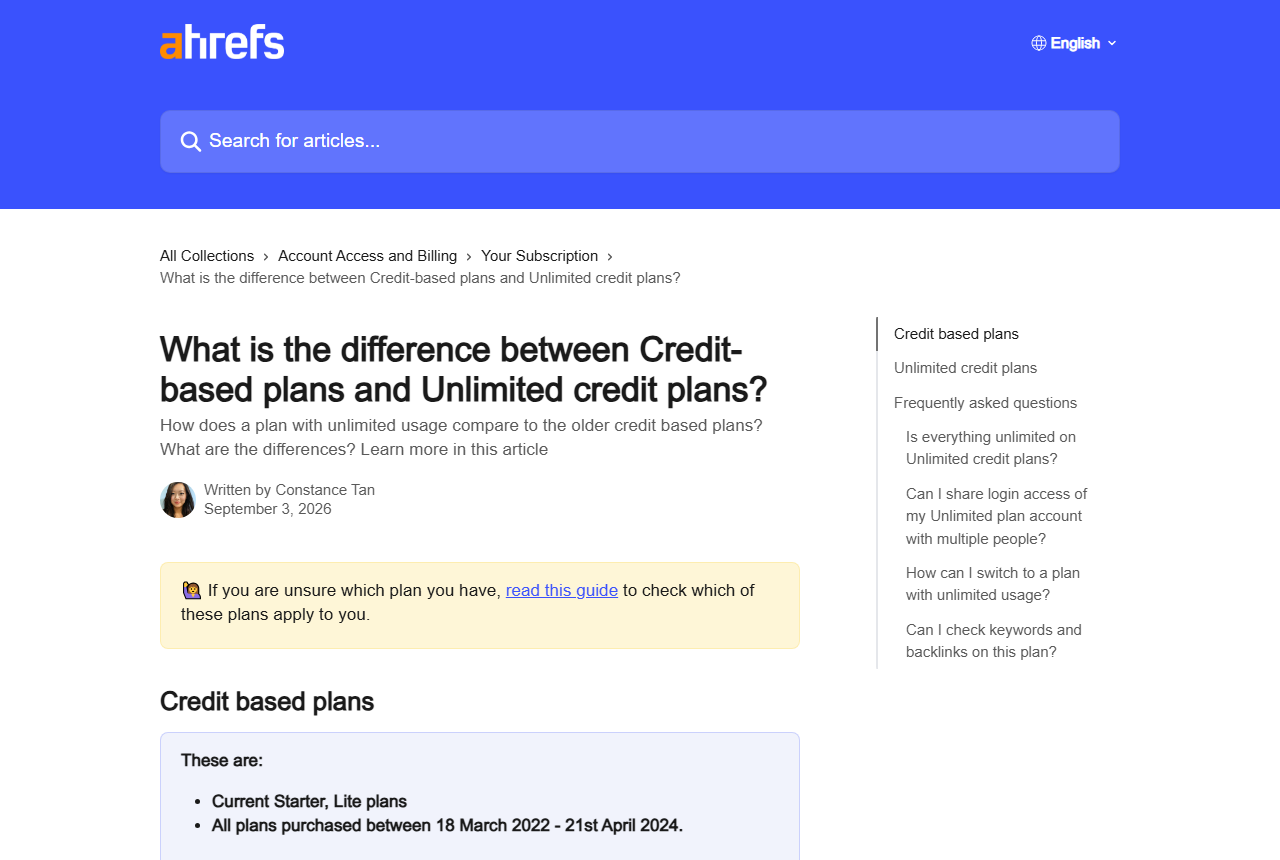 Help-center article What is the difference between Credit-based plans and Unlimited credit plans, written by Constance Tan on September 3, 2026, listing current Starter and Lite plans and all plans purchased between 18 March 2022 and 21st April 2024 as credit based