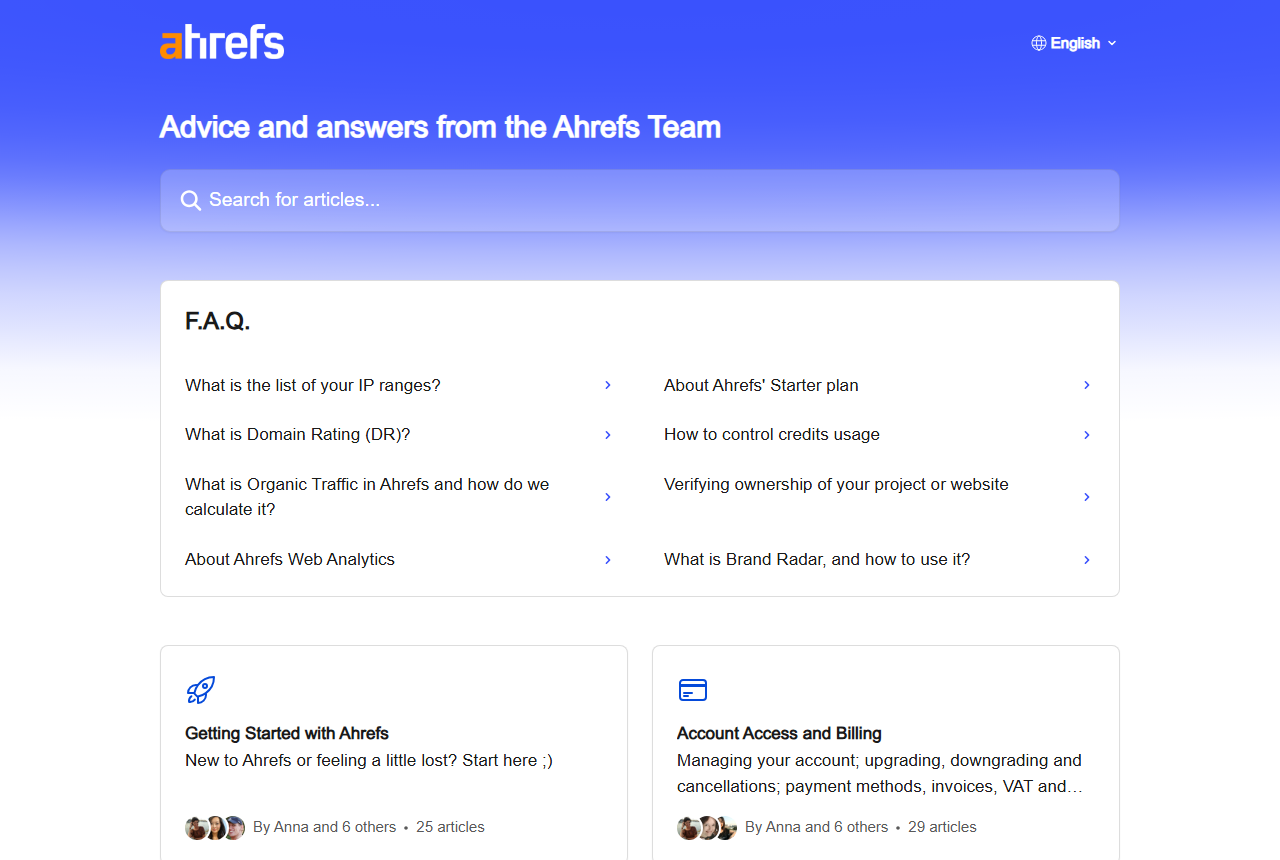 Ahrefs help center home: headline Advice and answers from the Ahrefs Team, a search box, an F.A.Q. list including About Ahrefs' Starter plan, How to control credits usage and What is Brand Radar, and how to use it, and collections Getting Started with Ahrefs (25 articles) and Account Access and Billing (29 articles)