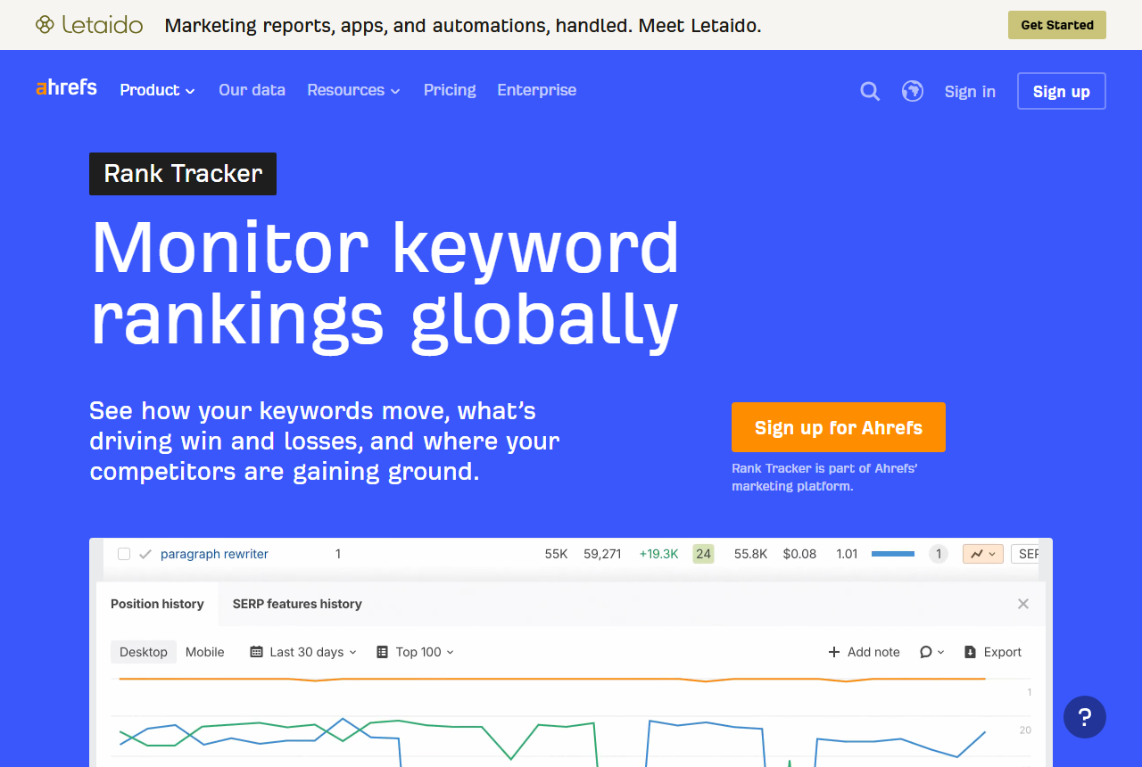 Ahrefs Rank Tracker page: headline Monitor keyword rankings globally above a Position history chart for the keyword paragraph rewriter with Desktop and Mobile tabs and a Last 30 days filter