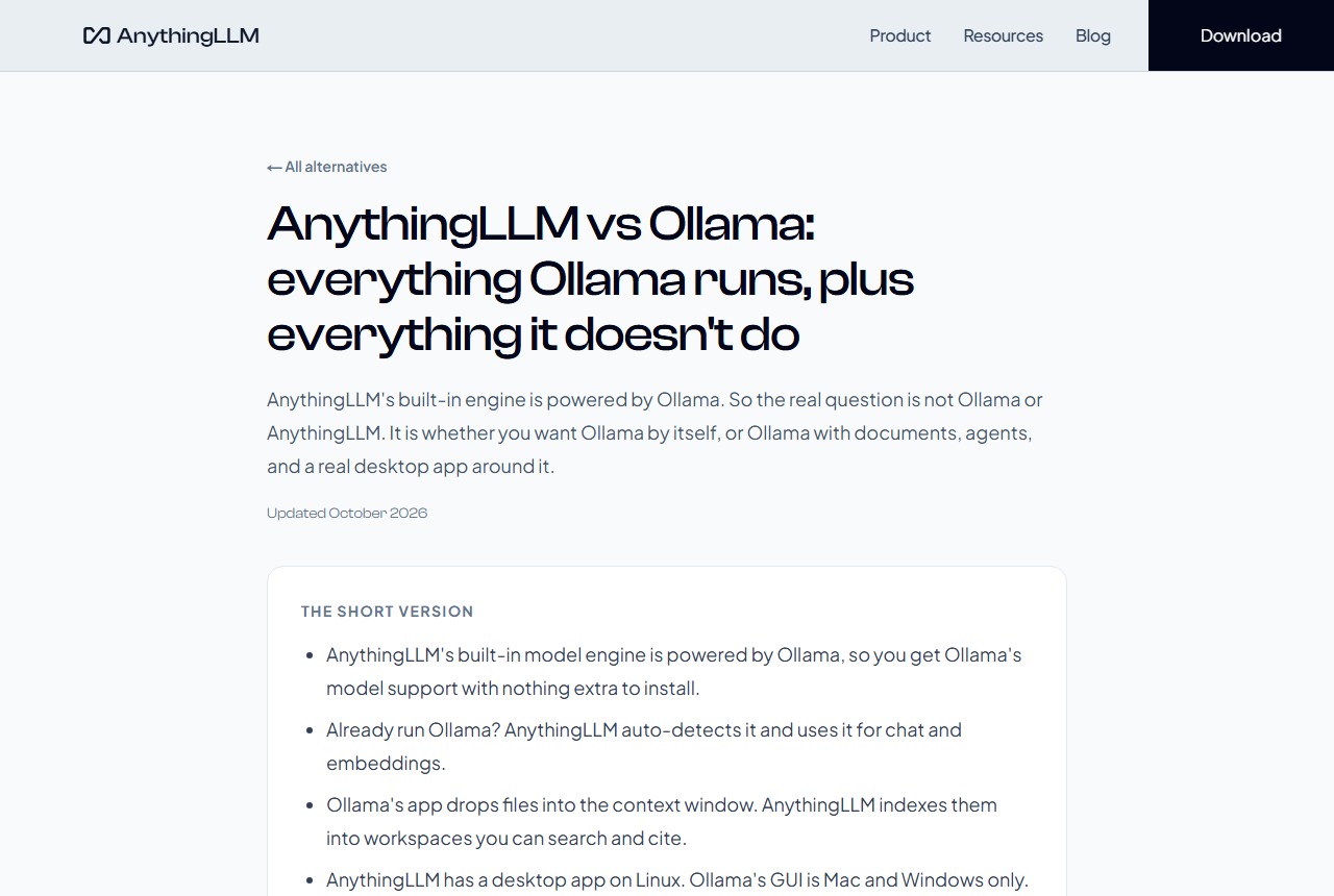 AnythingLLM's own comparison page titled Ollama Alternative and GUI: AnythingLLM vs Ollama (2026)