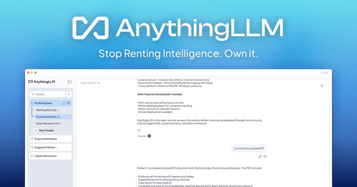 AnythingLLM social image: the AnythingLLM logo and the line Stop Renting Intelligence. Own it. above a picture of the desktop app with a workspace list and a chat