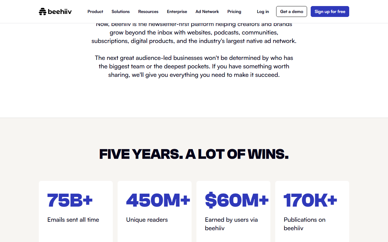 beehiiv About page section Five years. A lot of wins., with four tiles: 75B plus emails sent all time, 450M plus unique readers, 60 million dollars plus earned by users via beehiiv, and 170K plus publications on beehiiv