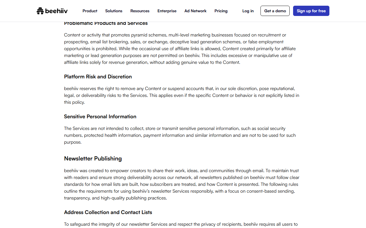 beehiiv Acceptable Use Policy section Problematic Products and Services, saying occasional affiliate links are allowed but content created primarily for affiliate marketing or lead generation is not permitted, followed by Platform Risk and Discretion and Sensitive Personal Information