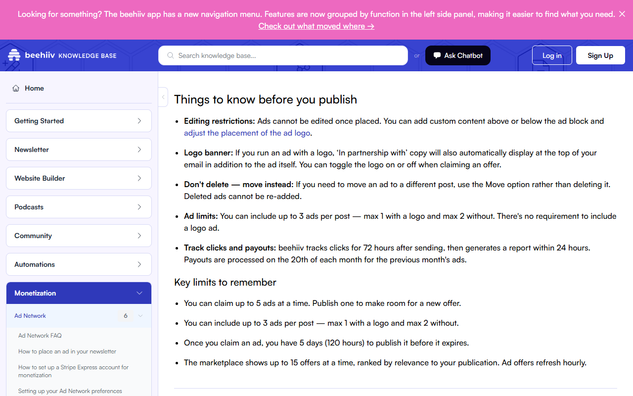 Help article section Things to know before you publish and Key limits to remember: ads cannot be edited, logo ads add In partnership with copy, up to 3 ads per post with at most one logo ad, clicks tracked for 72 hours, payouts on the 20th of each month, and a marketplace of up to 15 offers