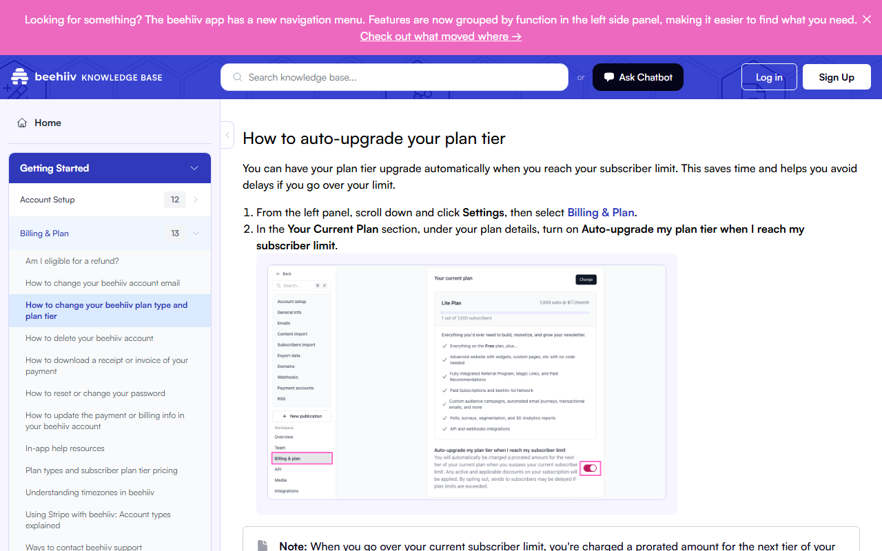 Help article section How to auto-upgrade your plan tier, with steps to open Billing and Plan and a product screenshot of the Your current plan panel showing a Lite Plan and a switched-on toggle labelled Auto-upgrade my plan tier when I reach my subscriber limit, noting sends may be delayed if plan limits are exceeded