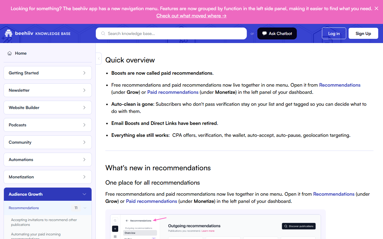 Help article Boosts to paid recommendations: what changed, Quick overview: Boosts are now called paid recommendations, free and paid recommendations live in one menu, auto-clean is gone, Email Boosts and Direct Links have been retired, and CPA offers, verification, the wallet, auto-accept, auto-pause and geolocation targeting still work