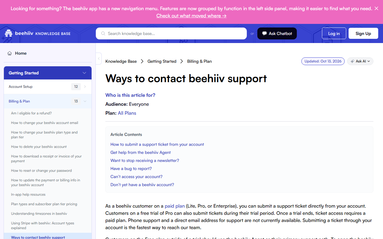 beehiiv help article Ways to contact beehiiv support, updated October 13, 2026, saying paid-plan and trial customers can submit tickets, ticket access requires a paid plan after a trial, and phone support and a direct support email address are not currently available