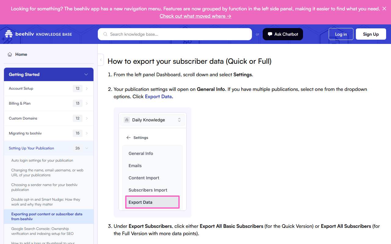 Help article section How to export your subscriber data (Quick or Full), with a product screenshot of publication Settings showing General Info, Emails, Content Import, Subscribers Import and a highlighted Export Data item, and a step to choose Export All Basic Subscribers or Export All Subscribers