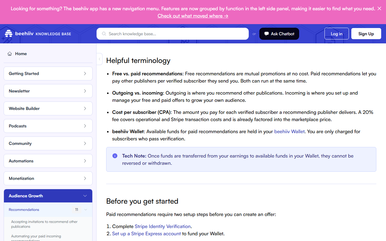 Help article Helpful terminology defining free and paid recommendations, outgoing and incoming, cost per subscriber with a 20 percent fee covering operational and Stripe costs already factored into the marketplace price, and the beehiiv Wallet, with a note that transferred funds cannot be reversed or withdrawn