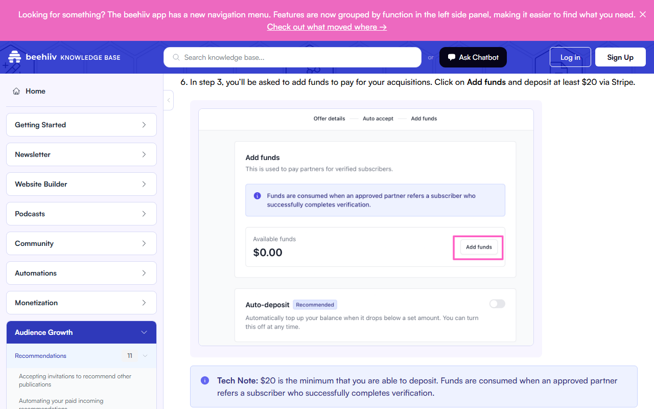 Help article step 6 telling users to add funds and deposit at least 20 dollars via Stripe, with a product screenshot of the Add funds step showing 0.00 dollars available and an Auto-deposit toggle, and a Tech Note saying 20 dollars is the minimum deposit