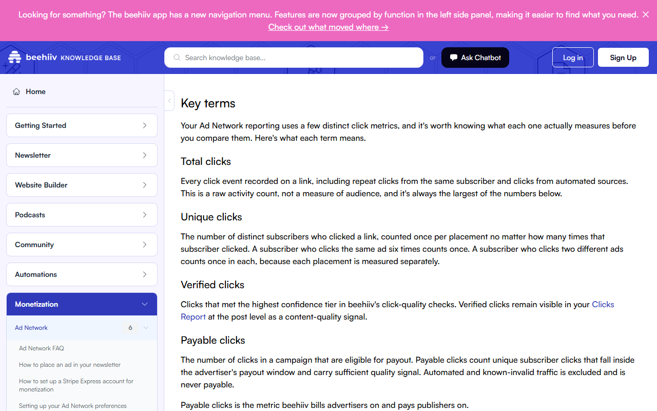 Help article Key terms defining total clicks, unique clicks, verified clicks and payable clicks, where payable clicks are unique subscriber clicks inside the advertiser's payout window with sufficient quality signal, and the metric beehiiv bills advertisers and pays publishers on