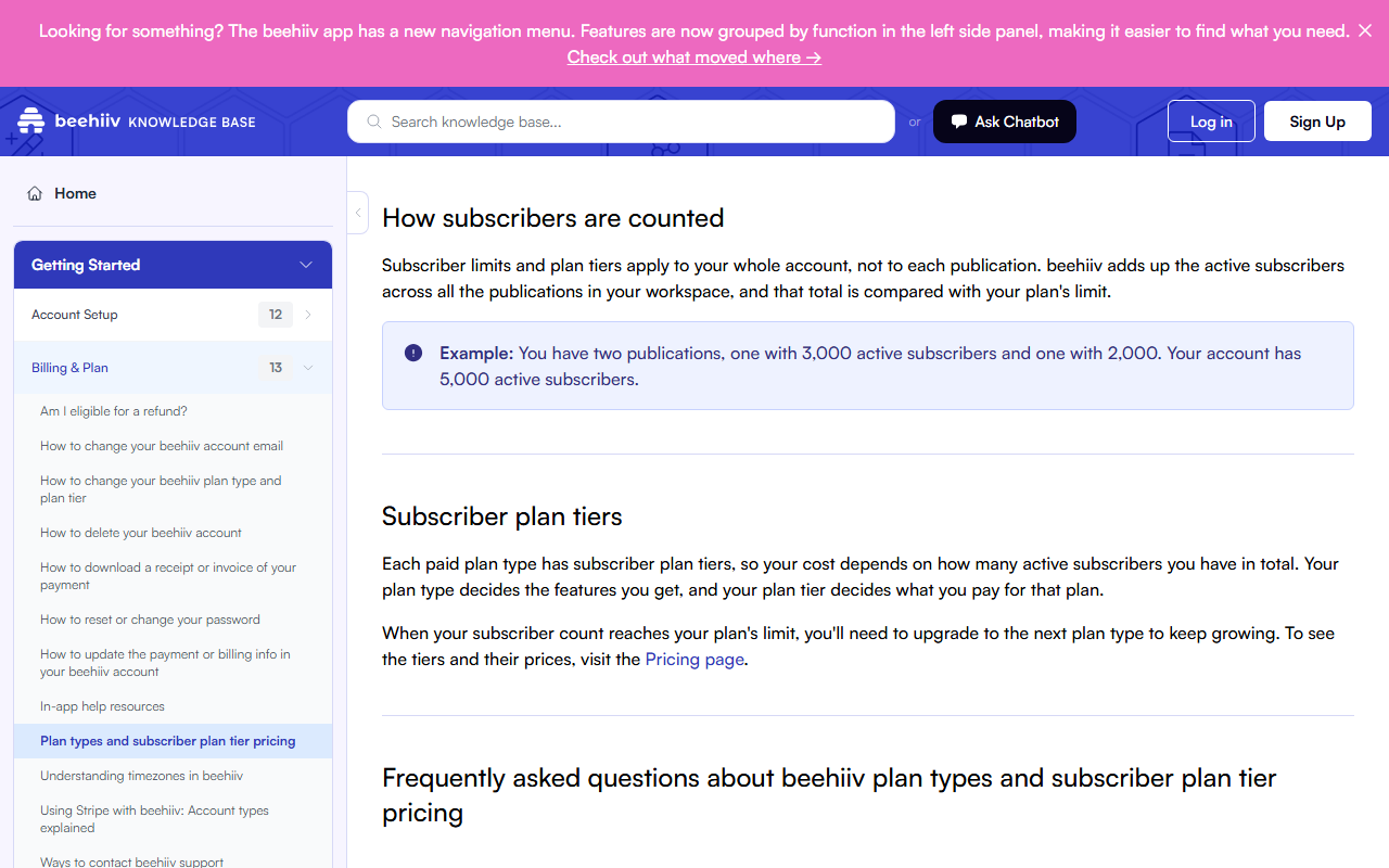 Help article section How subscribers are counted, stating limits apply to the whole account and giving the example of two publications with 3,000 and 2,000 active subscribers adding up to 5,000, followed by the Subscriber plan tiers section