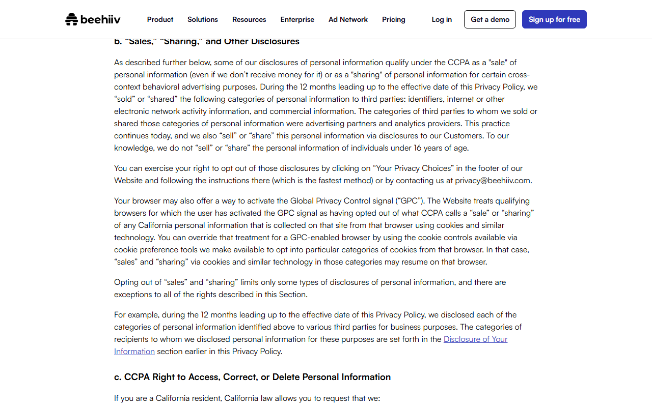 beehiiv Privacy Policy section Sales, Sharing and Other Disclosures, stating some disclosures qualify as a sale or sharing under the CCPA, that identifiers, network activity and commercial information were sold or shared with advertising partners and analytics providers, and that beehiiv also sells or shares personal information via disclosures to its Customers