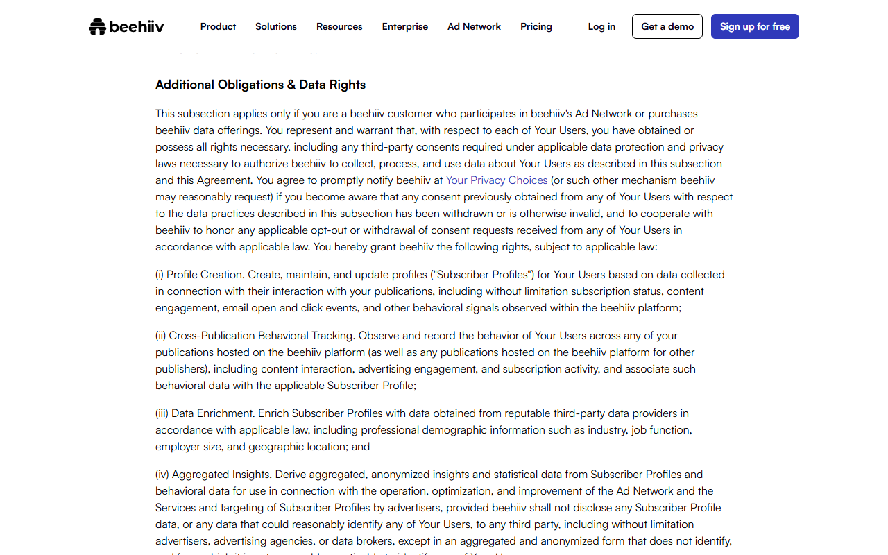 Terms of Use subsection Additional Obligations and Data Rights, applying to Ad Network participants, with the clauses Profile Creation, Cross-Publication Behavioral Tracking across your publications and other publishers' publications on beehiiv, Data Enrichment with third-party data such as industry, job function, employer size and geographic location, and Aggregated Insights for advertiser targeting