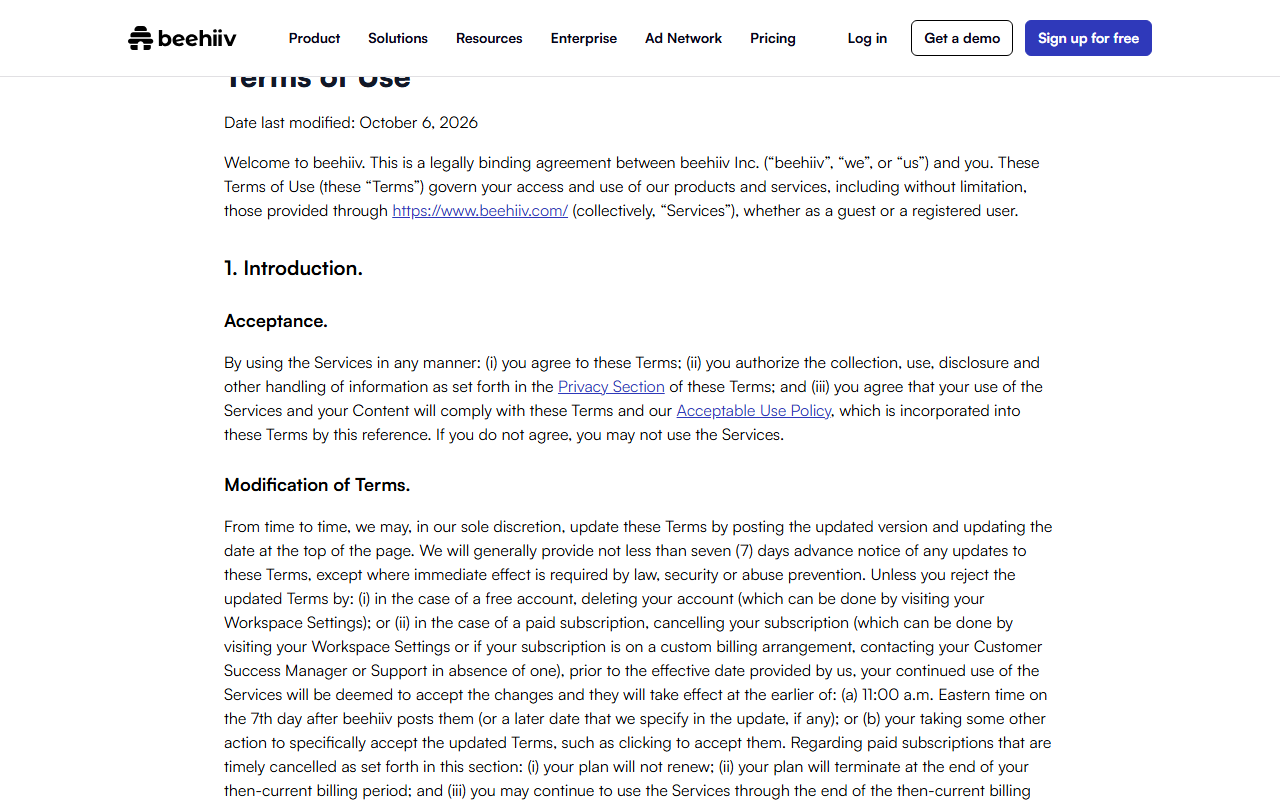 beehiiv Terms of Use page showing Date last modified: October 6, 2026, the introduction naming beehiiv Inc., and the Modification of Terms section promising generally not less than seven days notice of updates