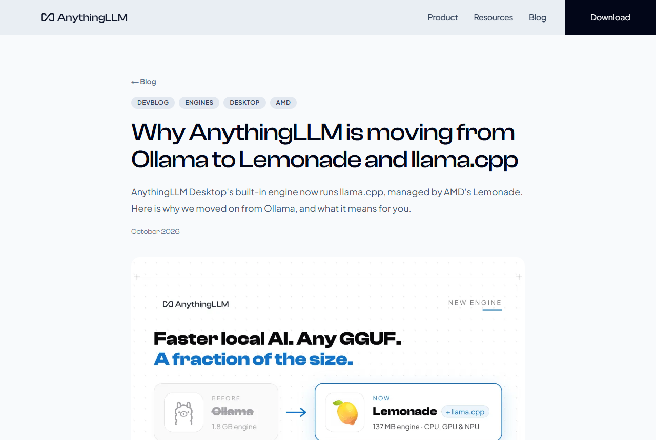 AnythingLLM blog post titled Why AnythingLLM is moving from Ollama to Lemonade and llama.cpp, dated October 2026
