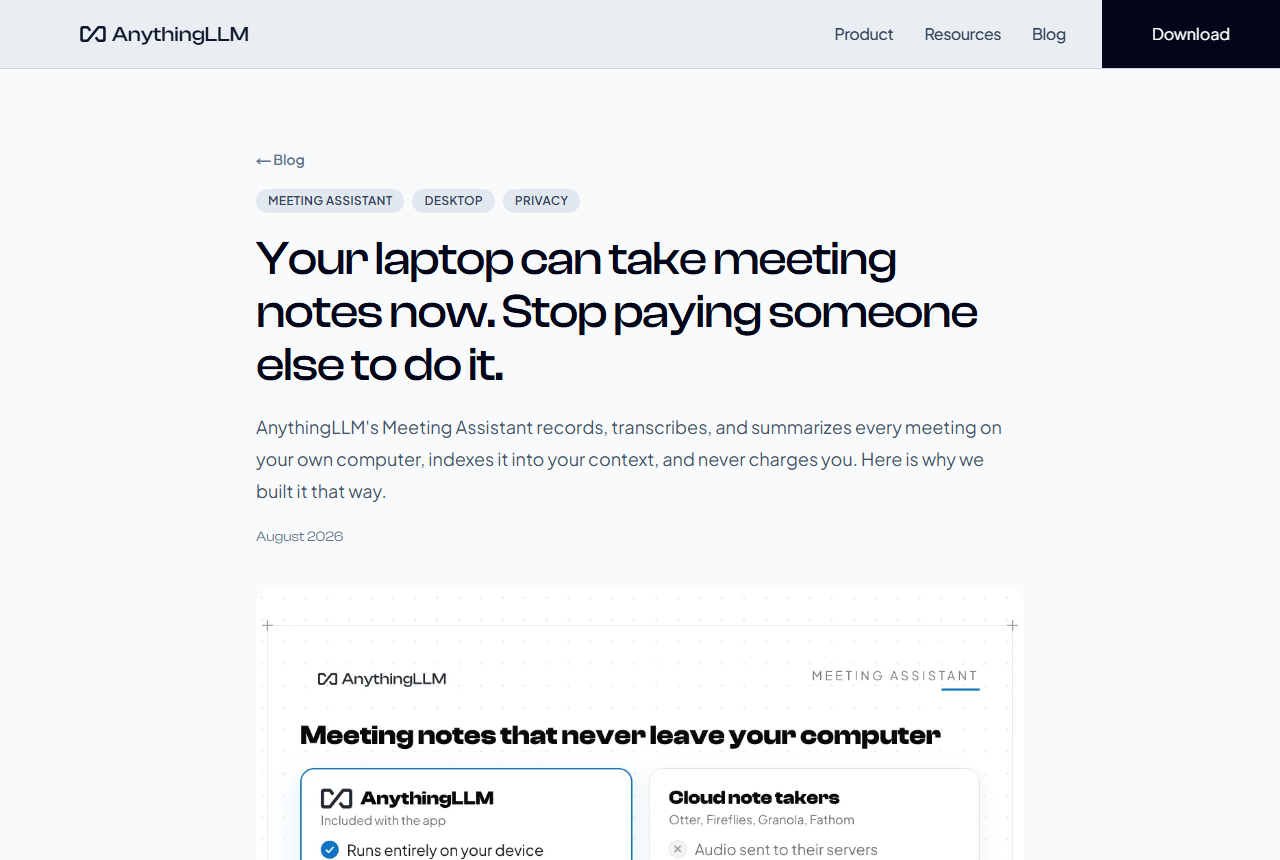 AnythingLLM blog post titled Your laptop can take meeting notes now, dated August 2026, about the on-device Meeting Assistant