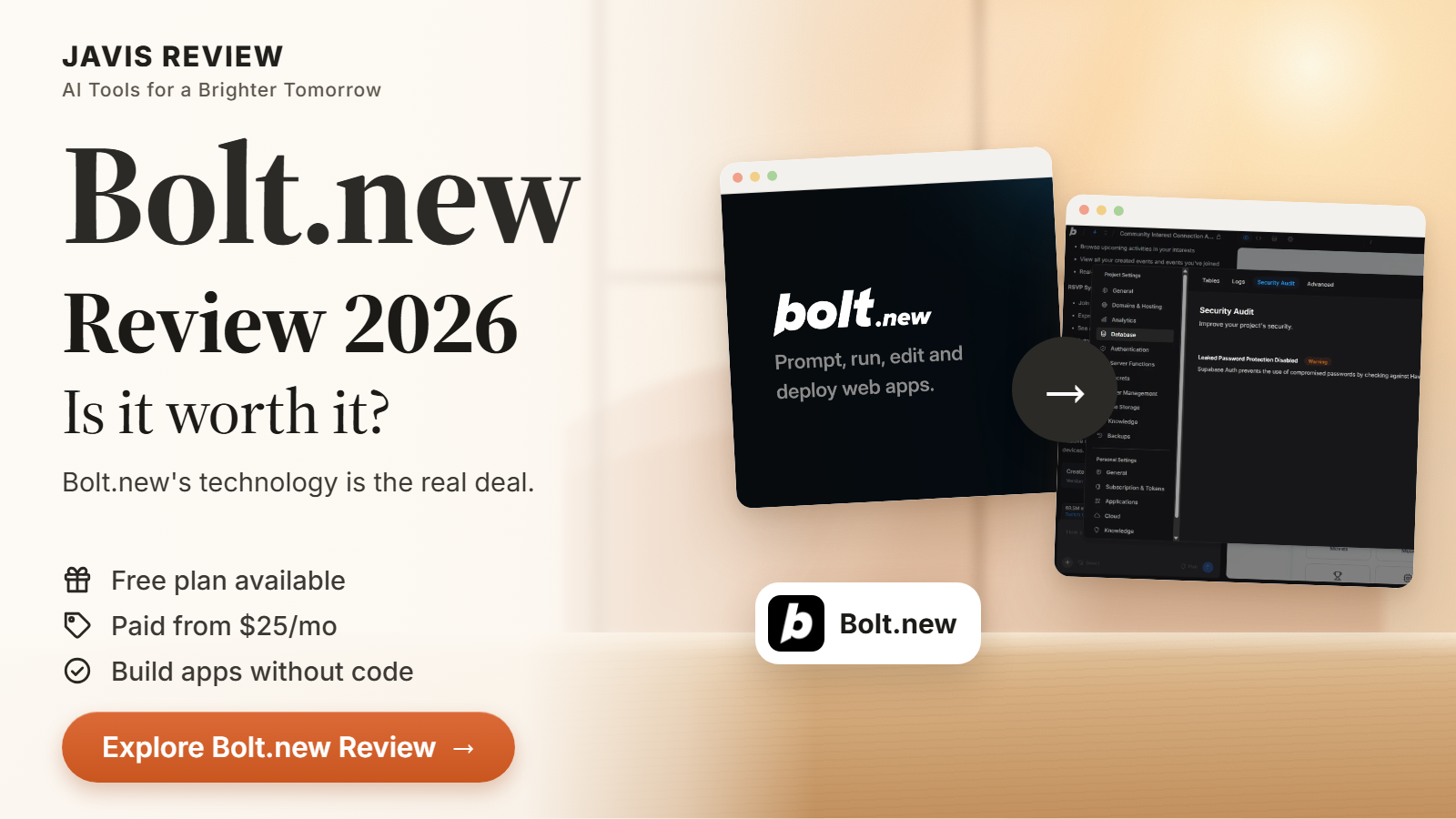 JAVIS thumbnail for the Bolt.new review 2026 card