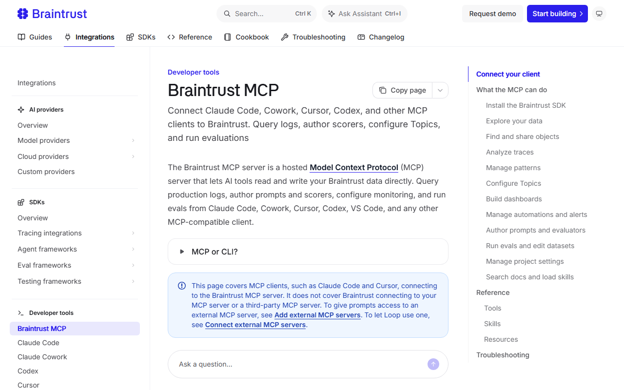 Braintrust MCP documentation page saying the hosted Model Context Protocol server lets AI tools read and write Braintrust data, query production logs, author prompts and scorers, configure monitoring and run evals from Claude Code, Cowork, Cursor, Codex, VS Code and other MCP clients, with a table of contents listing explore data, analyze traces, manage patterns, configure Topics, build dashboards and run evals