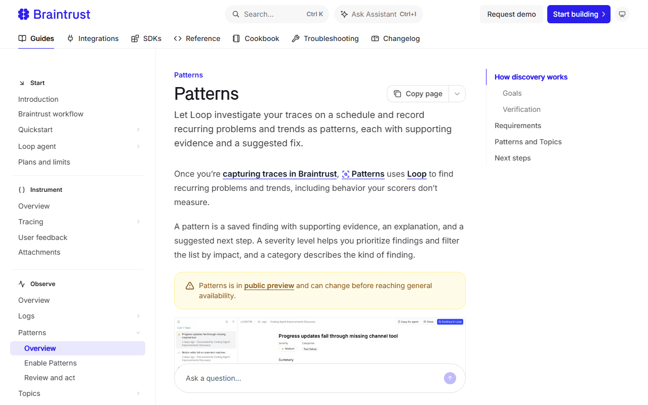 Braintrust documentation page Patterns, explaining that Patterns uses Loop to find recurring problems and trends with supporting evidence, an explanation and a suggested next step, with a warning box saying Patterns is in public preview and can change before reaching general availability