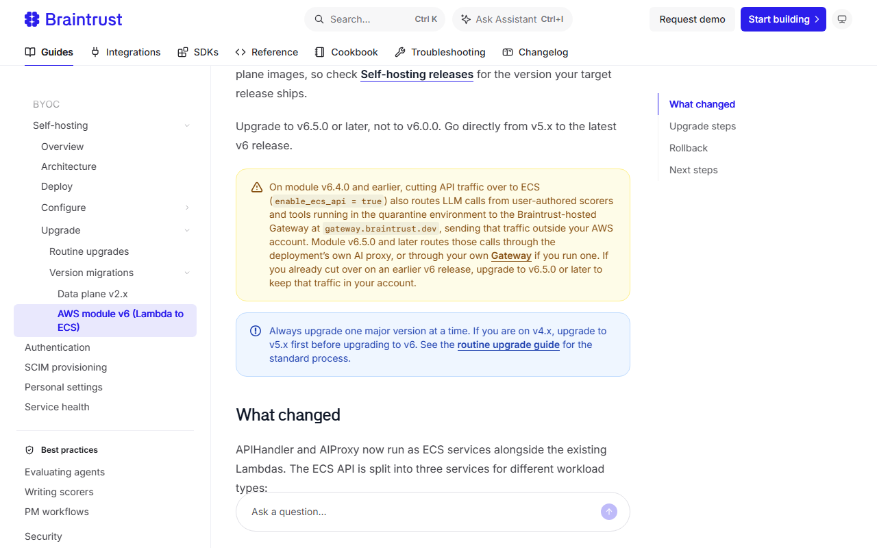 Braintrust docs page for the AWS Terraform module v6 saying to upgrade to v6.5.0 or later, not v6.0.0, with a warning that on module v6.4.0 and earlier the ECS cutover also routed LLM calls from user-authored scorers and tools to the Braintrust-hosted Gateway at gateway.braintrust.dev, outside your AWS account, and a note to always upgrade one major version at a time