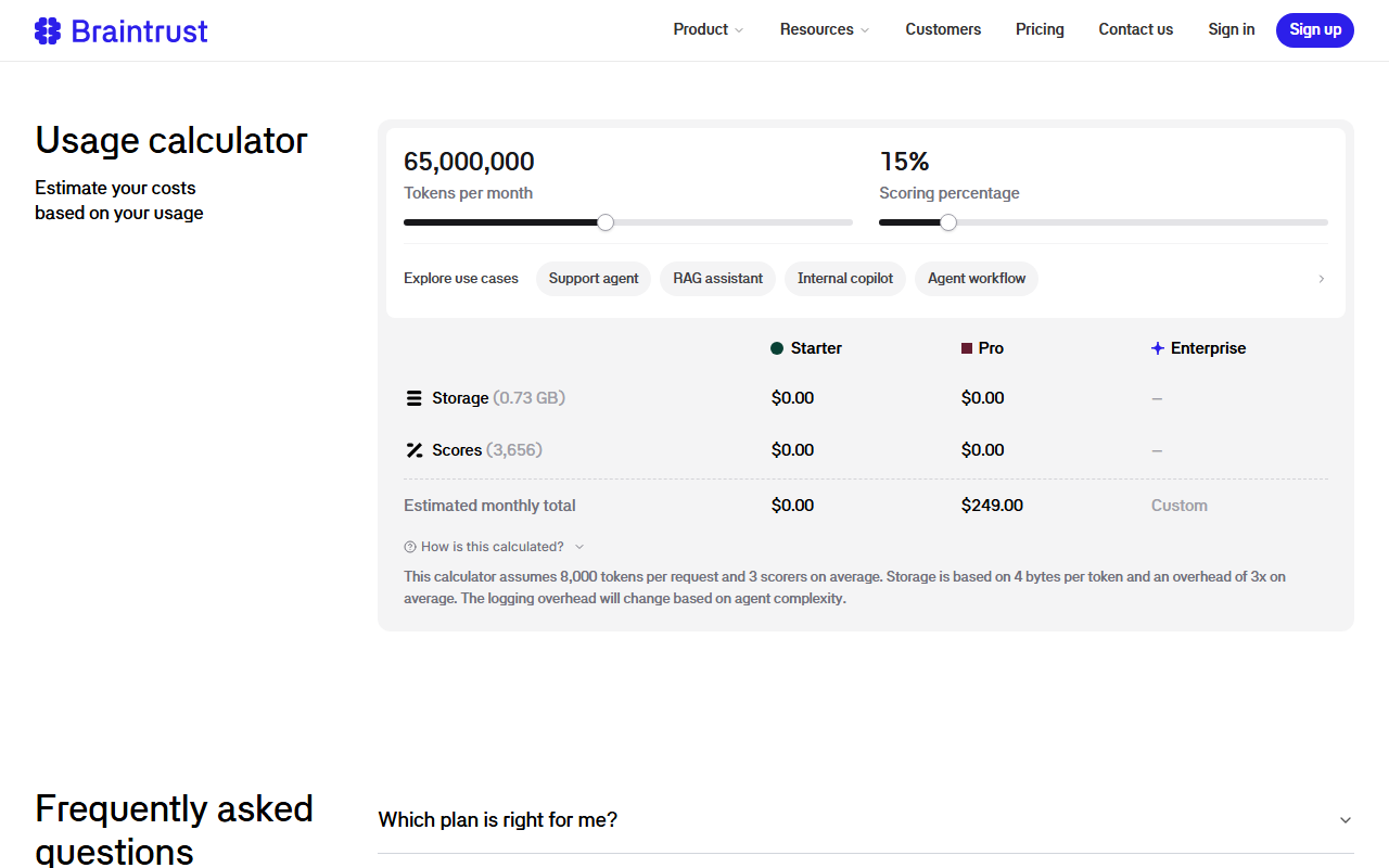 Braintrust usage calculator set to 65,000,000 tokens per month and 15% scoring percentage, showing storage 0.73 GB and 3,656 scores costing 0 dollars on Starter and Pro, estimated monthly total 0 dollars on Starter, 249 dollars on Pro and custom on Enterprise, with the note that the calculator assumes 8,000 tokens per request, 3 scorers on average, 4 bytes per token and a 3x overhead
