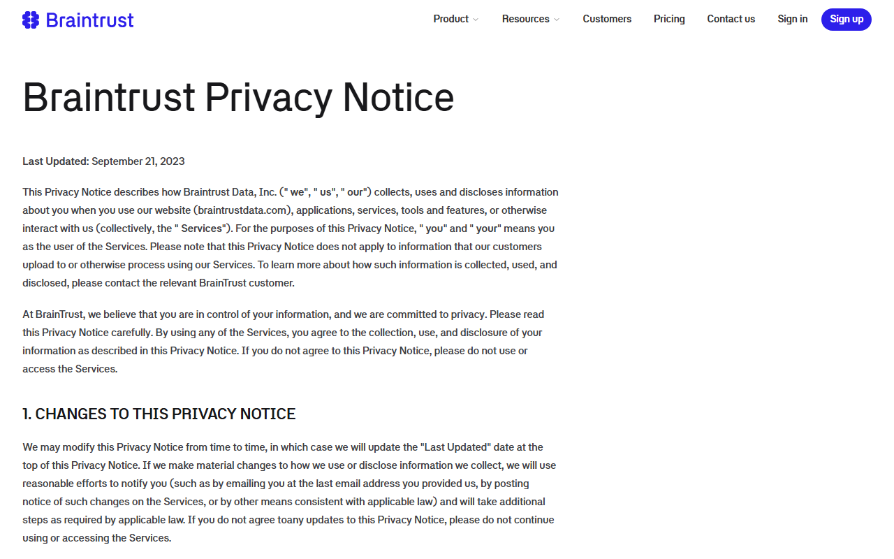 Braintrust Privacy Notice last updated September 21, 2023, describing how Braintrust Data, Inc. handles information when you use its website braintrustdata.com, and stating it does not apply to information customers upload or process using the services