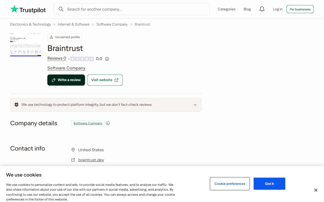 Trustpilot page for Braintrust, braintrust.dev, marked Unclaimed profile, Reviews 0 with a 0.0 rating, category Software Company, and buttons to write a review and visit the website