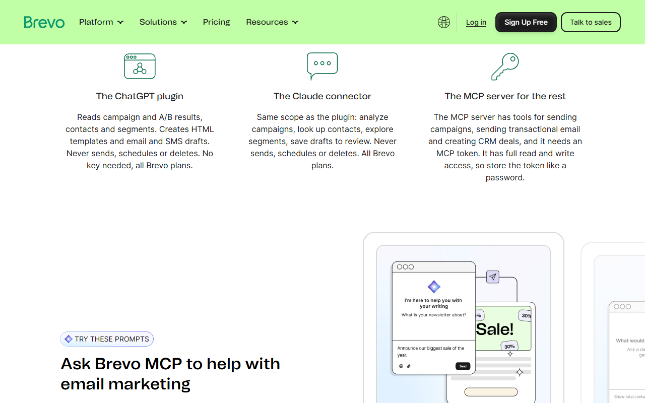 Three columns on the Brevo Email MCP page: the ChatGPT plugin reads campaign and A/B results, contacts and segments and creates HTML templates and drafts but never sends, schedules or deletes, on all plans; the Claude connector has the same scope; the MCP server has tools for sending campaigns, transactional email and CRM deals, needs an MCP token and has full read and write access