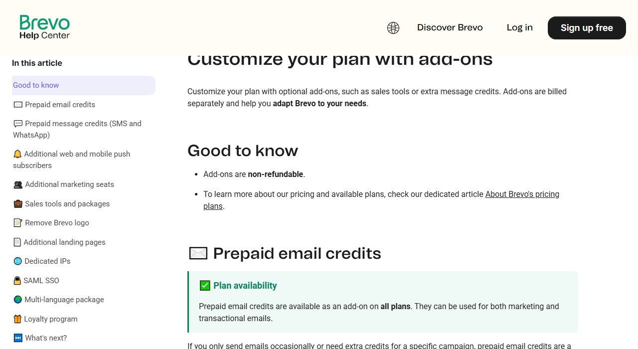 Brevo help article Customize your plan with add-ons, with a Good to know box stating add-ons are non-refundable, followed by the Prepaid email credits section saying the credits are available on all plans for marketing and transactional emails