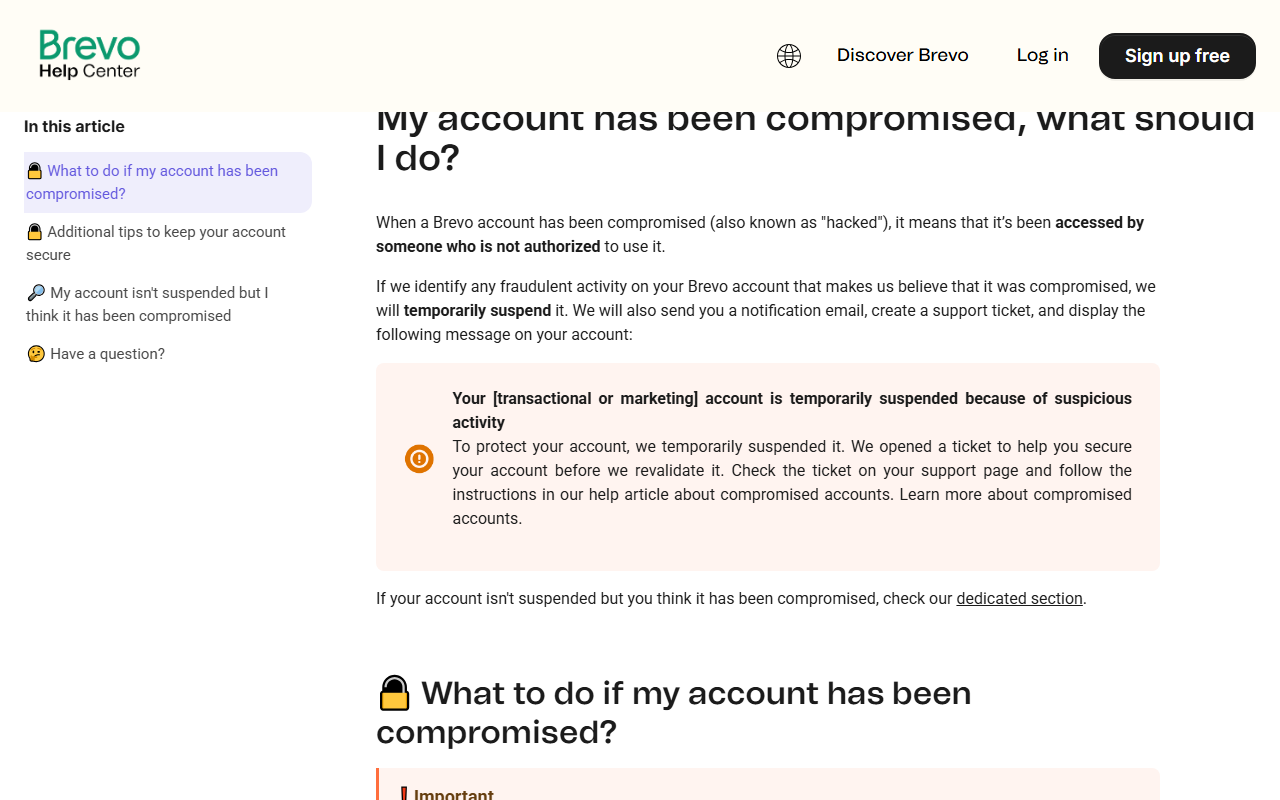 Brevo help article My account has been compromised, what should I do?, explaining that when fraudulent activity suggests an account was hacked Brevo temporarily suspends it, sends an email, opens a support ticket and shows a banner saying the account is temporarily suspended because of suspicious activity until it is secured and revalidated