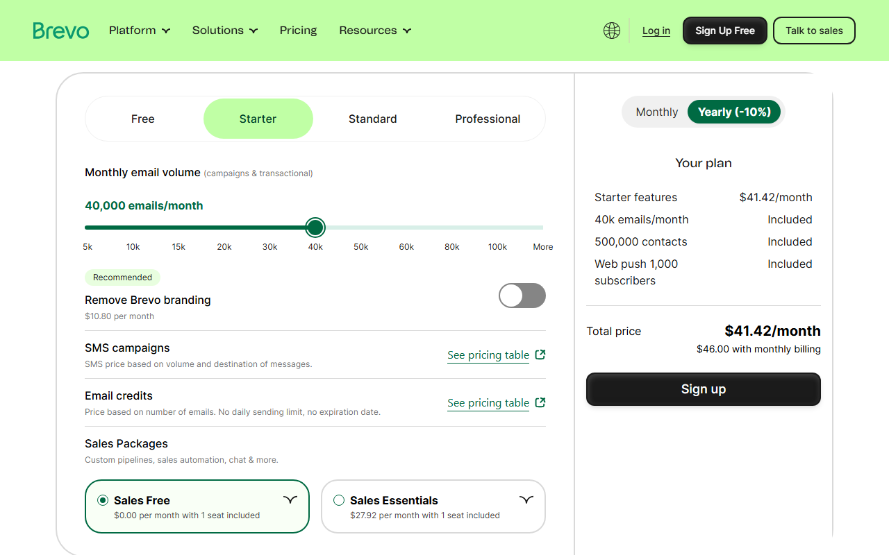 Customize your plan calculator with Starter at 40,000 emails per month and Yearly billing: 500,000 contacts included, total 41.42 dollars per month or 46.00 dollars with monthly billing