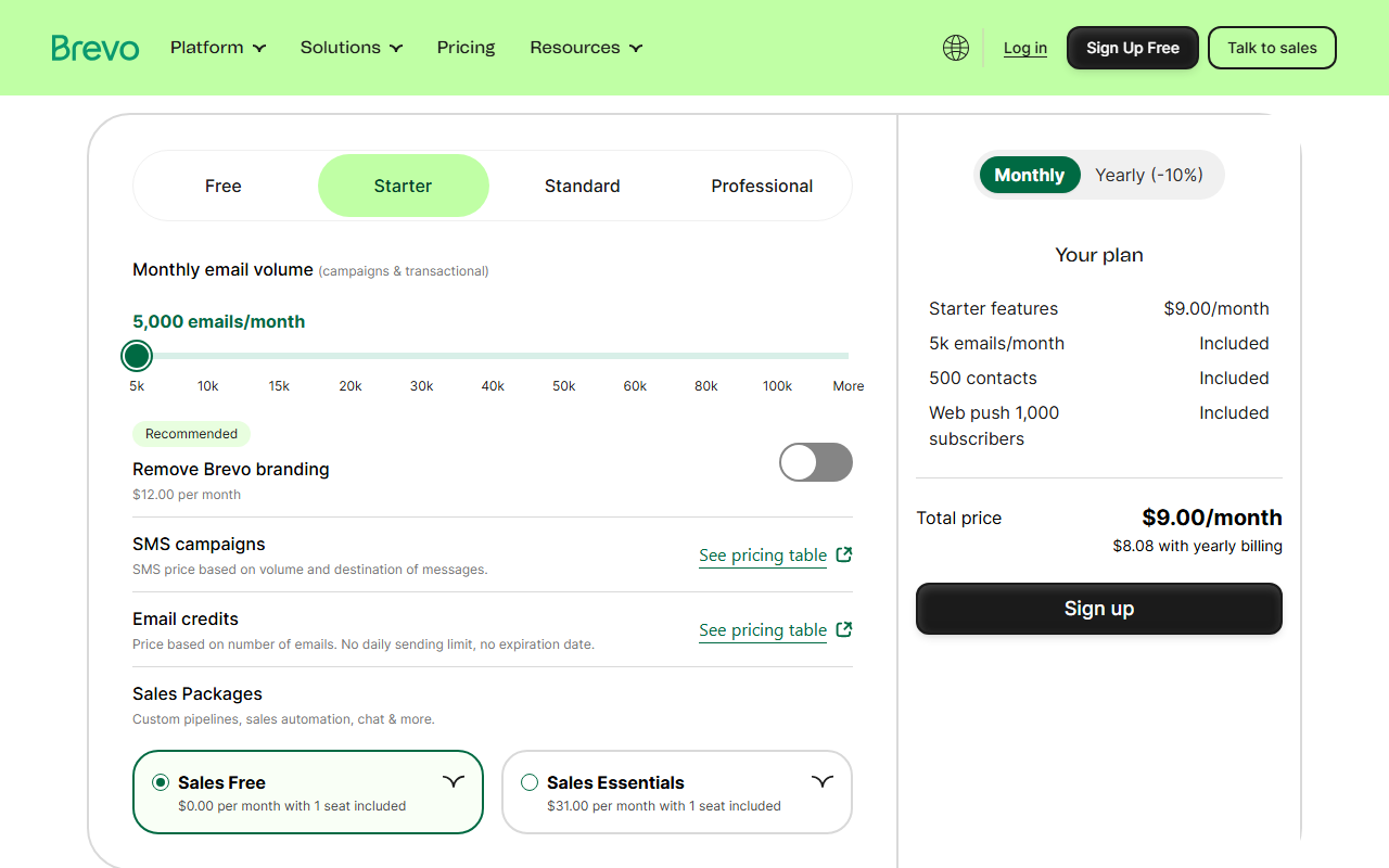 Brevo Customize your plan calculator with Starter selected at 5,000 emails per month and Monthly billing: Your plan lists Starter features 9.00 dollars per month, 5k emails per month included, 500 contacts included and web push 1,000 subscribers included, total 9.00 dollars a month or 8.08 dollars with yearly billing, plus a Remove Brevo branding toggle at 12.00 dollars per month