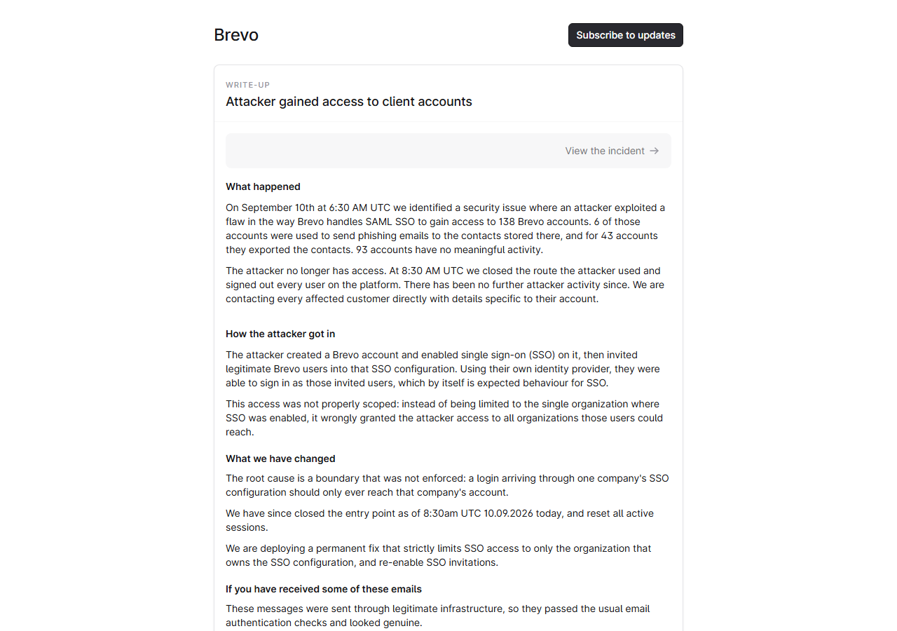 Brevo status page write-up titled Attacker gained access to client accounts: on September 10 at 6:30 AM UTC an attacker exploited a flaw in SAML SSO handling to access 138 accounts, 6 used for phishing and 43 with contacts exported; the route was closed at 8:30 AM UTC and all users signed out; sections How the attacker got in and What we have changed describe the unscoped SSO access and the permanent fix