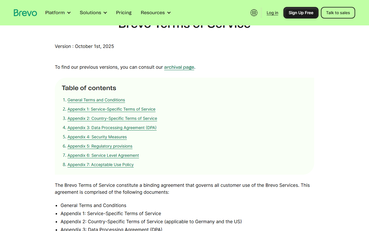 Brevo Terms of Service page showing Version: October 1st, 2025, a link to an archival page of previous versions, and a table of contents listing General Terms and Conditions and Appendices 1 to 7, including the Data Processing Agreement, Security Measures, Service Level Agreement and Acceptable Use Policy