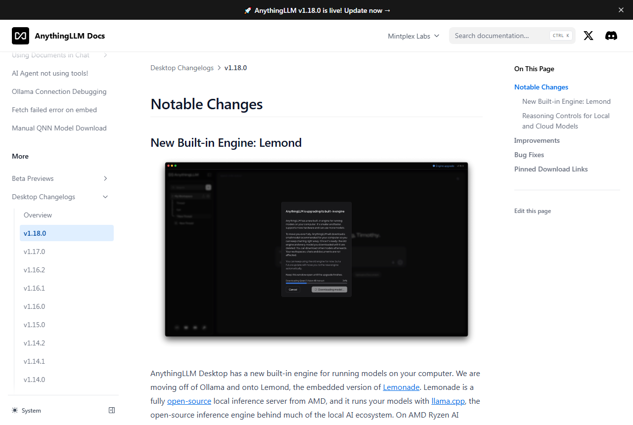 AnythingLLM docs changelog for v1.18.0 under Notable Changes, New Built-in Engine: Lemond, with a screenshot of the engine upgrade prompt