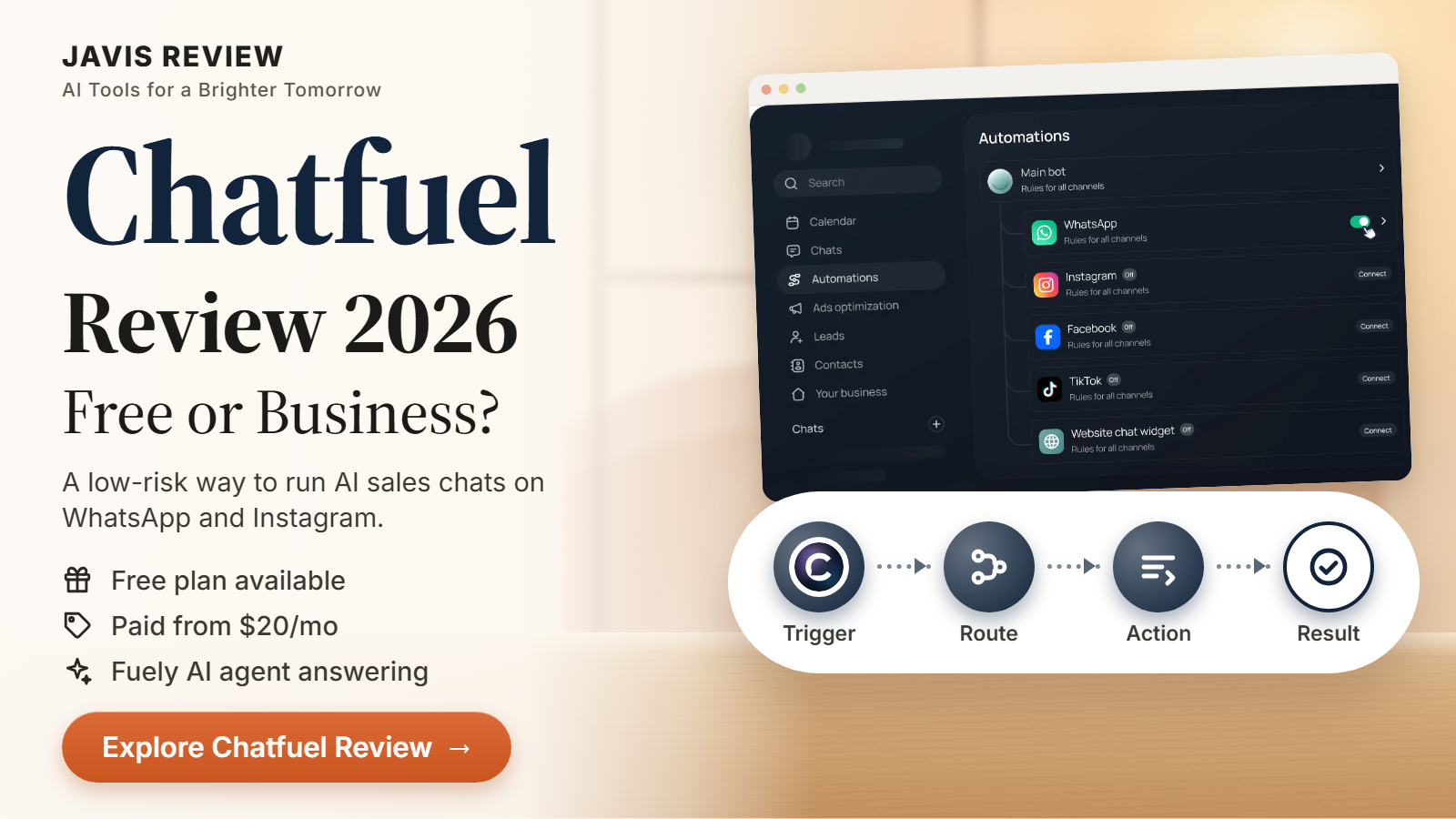 JAVIS thumbnail for the Chatfuel review 2026 card