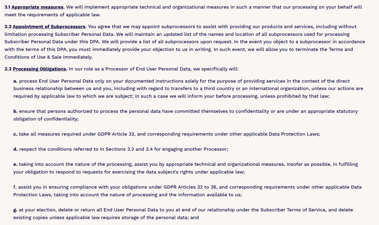 Section 3 of the ClickFunnels Data Processing Addendum: 3.2 Appointment of Subprocessors says ClickFunnels keeps an updated list of subprocessors and will provide it upon request, and 3.3 lists processing obligations including deleting or returning all end-user personal data at the end of the relationship
