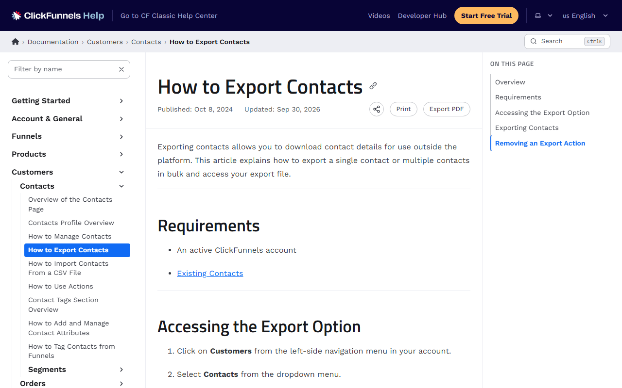 ClickFunnels help center article How to Export Contacts, updated Sep 30, 2026, with the help center navigation on the left, explaining how to download contact details for use outside the platform