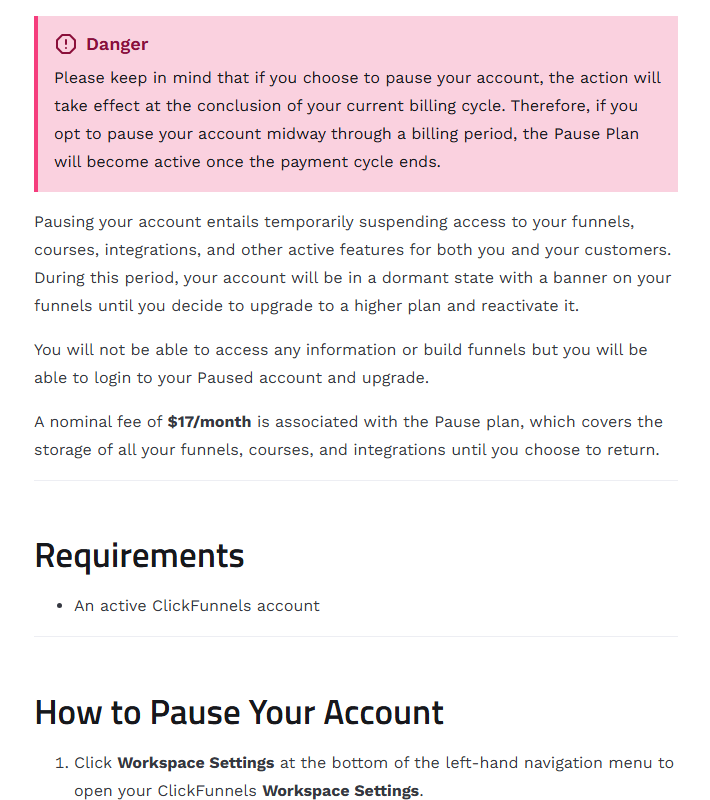 ClickFunnels help center article How to Pause Your Account with a Danger note that pausing takes effect at the end of the billing cycle, text saying funnels, courses and integrations are suspended for you and your customers, and a nominal fee of 17 dollars a month for the Pause plan