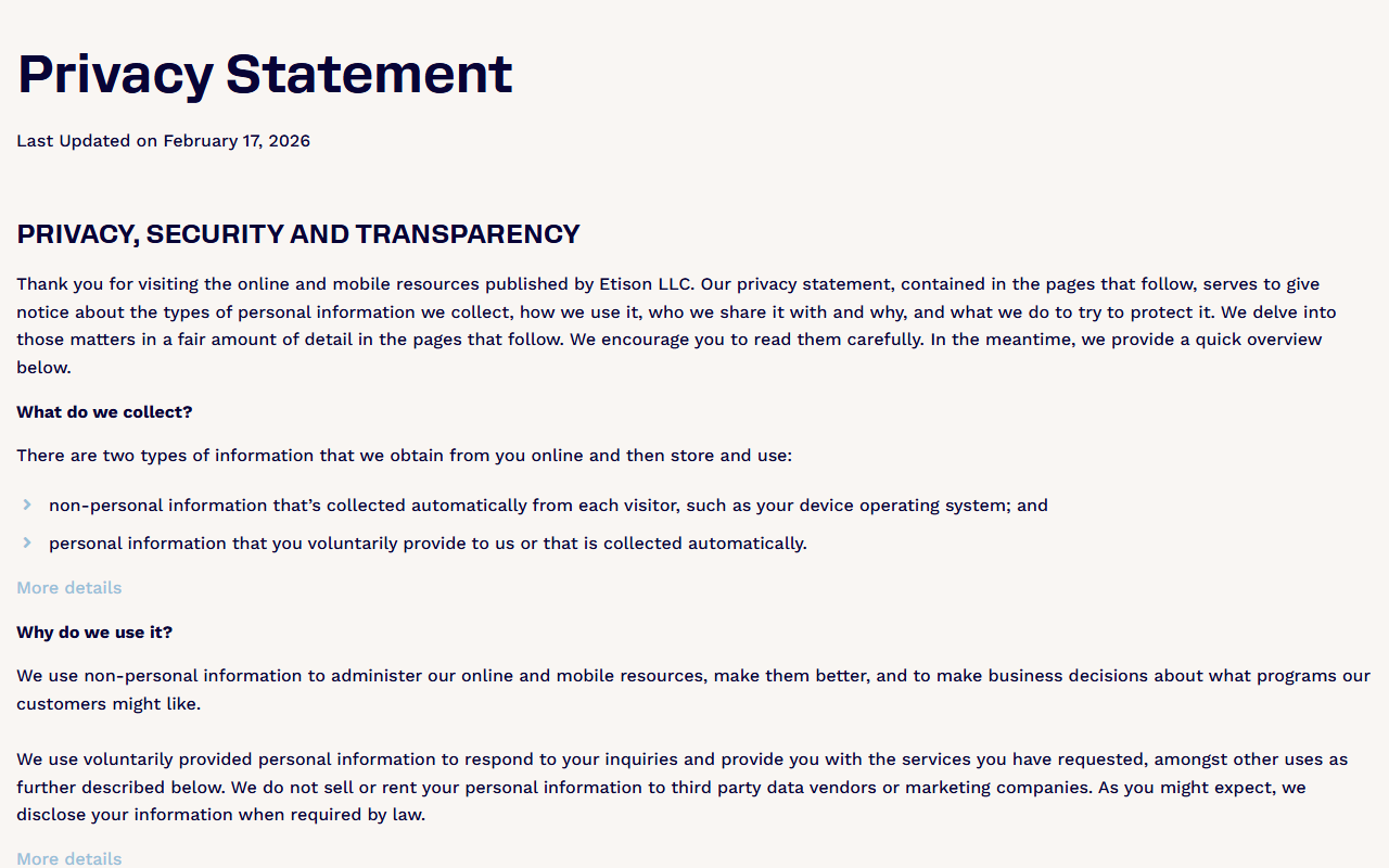 ClickFunnels Privacy Statement, Last Updated on February 17, 2026, published by Etison LLC, with the overview What do we collect? and Why do we use it?, including the line We do not sell or rent your personal information to third party data vendors or marketing companies