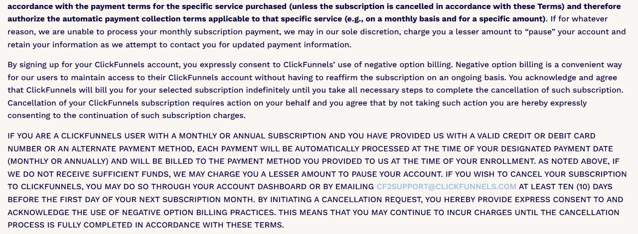 Section 8 of the ClickFunnels Terms: a lesser amount may be charged to pause an account when payment fails, consent to negative option billing, ClickFunnels will bill the subscription indefinitely until all cancellation steps are complete, and a capitalized paragraph repeating the 10-day cancellation notice
