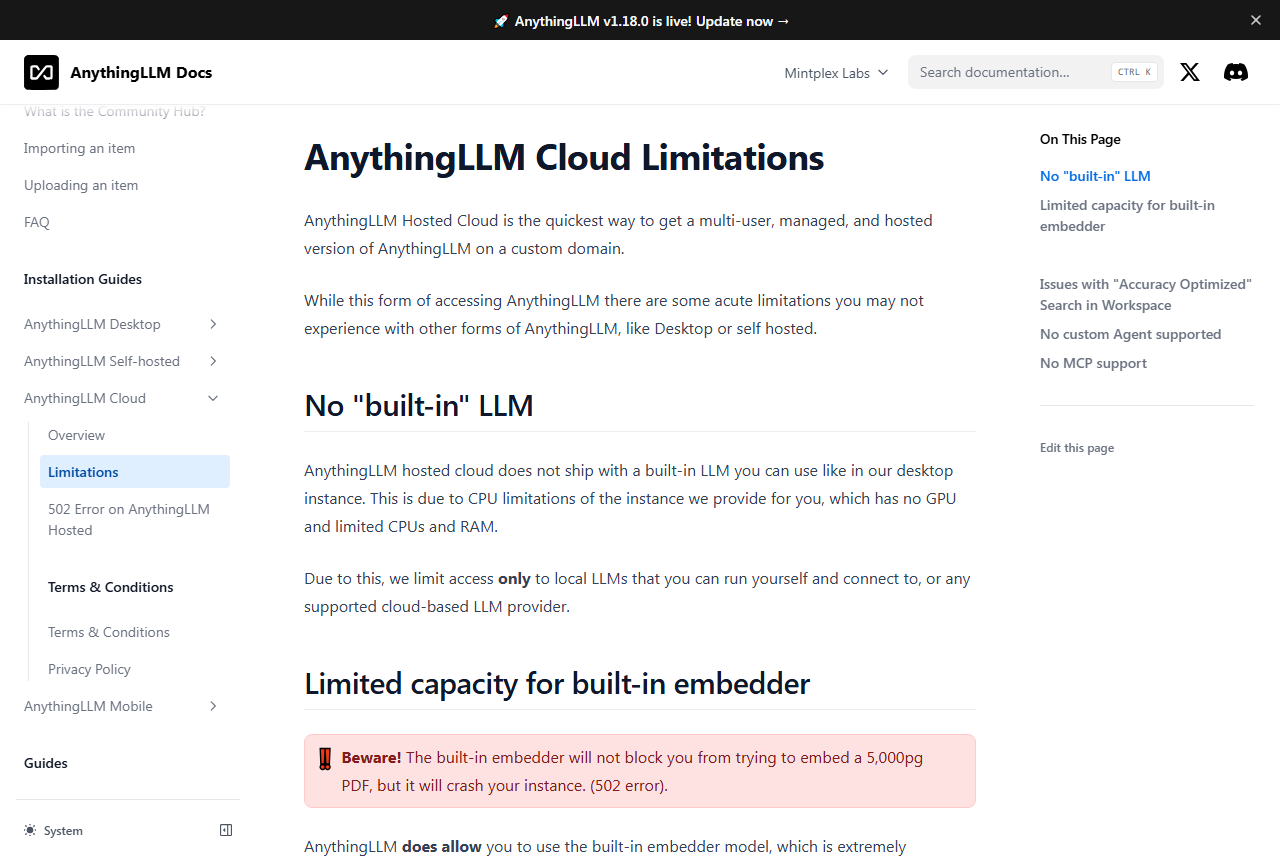 AnythingLLM docs page titled AnythingLLM Cloud Limitations with the sections No built-in LLM, Limited capacity for built-in embedder with a warning about a 5,000 page PDF, No custom Agent supported and No MCP support