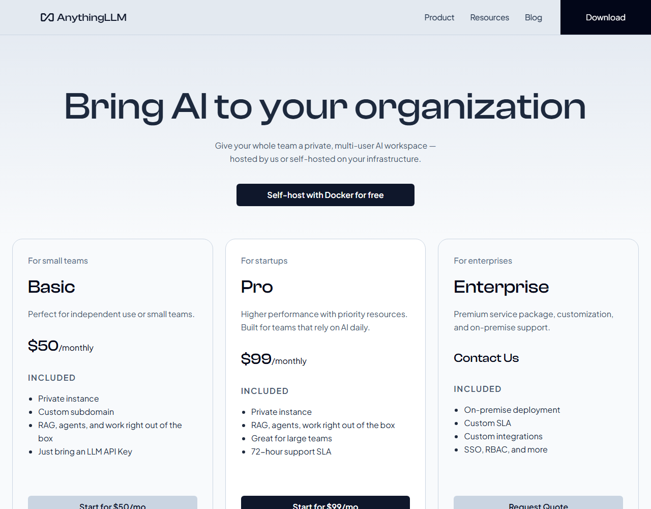 AnythingLLM Cloud page: headline Bring AI to your organization, a Self-host with Docker for free button and three plan cards: Basic at $50 a month, Pro at $99 a month and Enterprise by contact