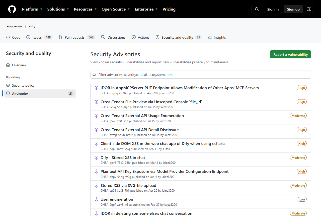 GitHub Security Advisories page for langgenius/dify with a count of 21, listing IDOR in AppMCPServer PUT Endpoint rated High, Cross-Tenant File Preview via Unscoped Console file_id rated High, and cross-tenant external API entries