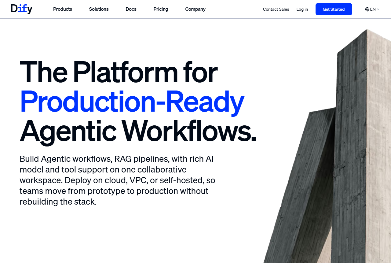 Dify home page headline The Platform for Production-Ready Agentic Workflows, with a line about building agentic workflows and RAG pipelines on one collaborative workspace and deploying on cloud, VPC or self-hosted